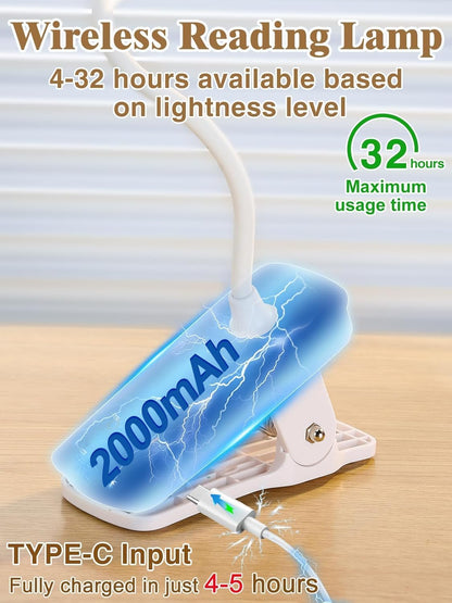 Eye Caring Clip on LED Bed Light 5 Color 5 Brightness Rechargeable Wireless | Flexible Neck Desk Lamp for College Dorm Essentials Reading