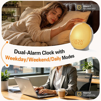 JALL Full-Screen Wake Up Light Sunrise Alarm Clocks for Bedrooms, White Noise Machine for Heavy Sleepers, 25 Natural Sounds, Dual Alarms, FM Radio, 17 Dimmable Colors, Bluetooth Speaker