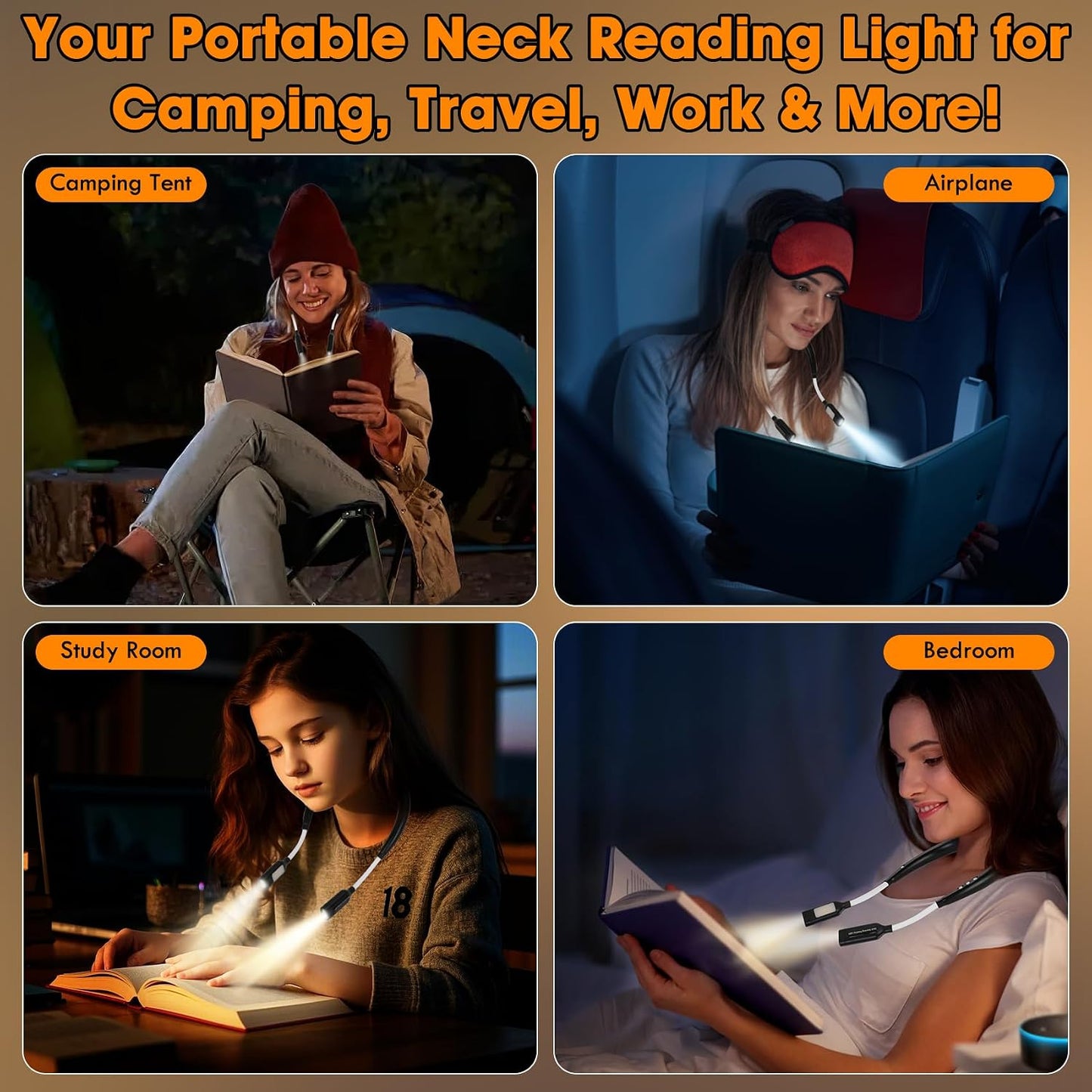 Rechargeable Heated Neck Reading Light with 4 Adjustable Light Modes, Hands Free LED Booklight Lamp for Books in Bed, Night Reading, Comfortable Book Lights for Readers & Crafters (Black)