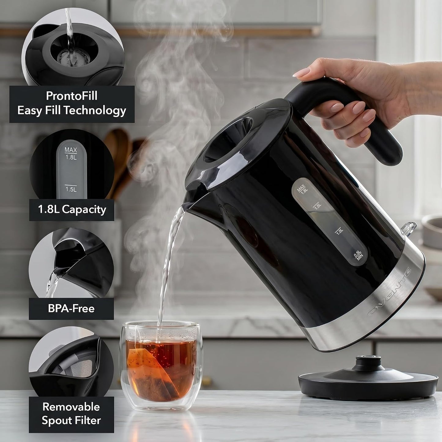 OVENTE 1.8L Electric Kettle with 1500W Fast Boiling Heater, Black KP413B | Best For Coffee or Tea, BPA-Free, Easy-Fill Lid, Water Level Window, Auto Shut-Off & Boil-Dry Protection, Removable Filter