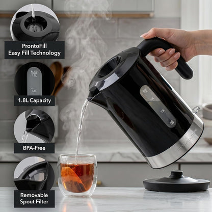OVENTE 1.8L Electric Kettle with 1500W Fast Boiling Heater, Black KP413B | Best For Coffee or Tea, BPA-Free, Easy-Fill Lid, Water Level Window, Auto Shut-Off & Boil-Dry Protection, Removable Filter