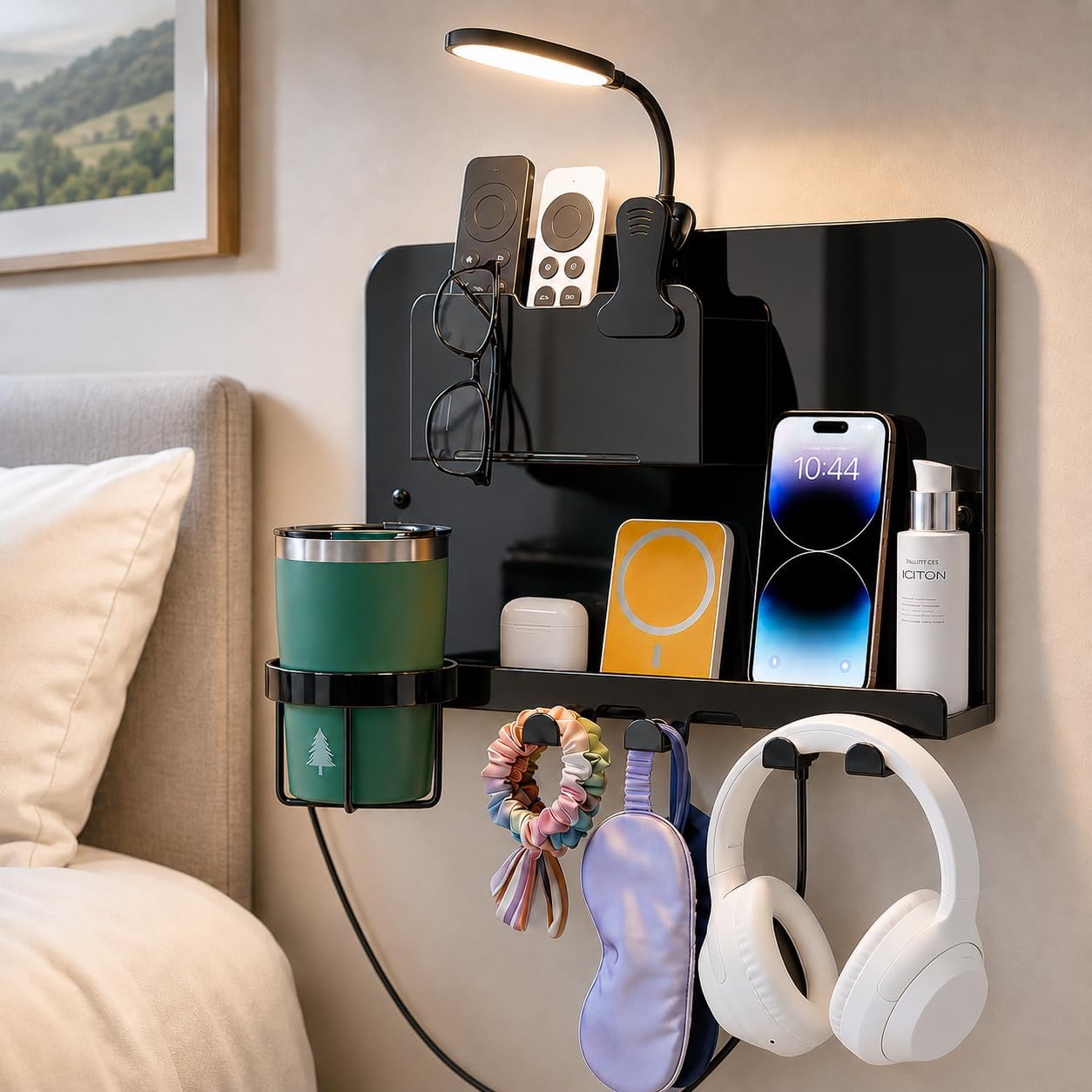 Floating Bedside Wall Shelf, Metal Bedside Wall Organizer with Detachable Cup Holder, No Drill Wall Mounted Storage for Bedroom, Dorm, Loft Bed, Bunk Bed & Small Space Organization