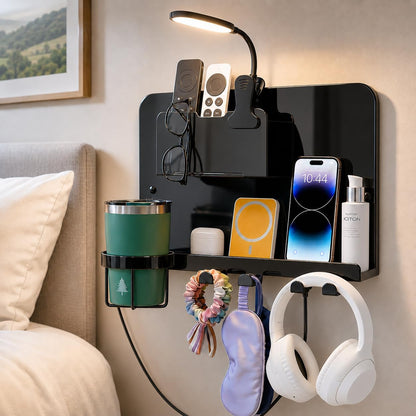 Floating Bedside Wall Shelf, Metal Bedside Wall Organizer with Detachable Cup Holder, No Drill Wall Mounted Storage for Bedroom, Dorm, Loft Bed, Bunk Bed & Small Space Organization
