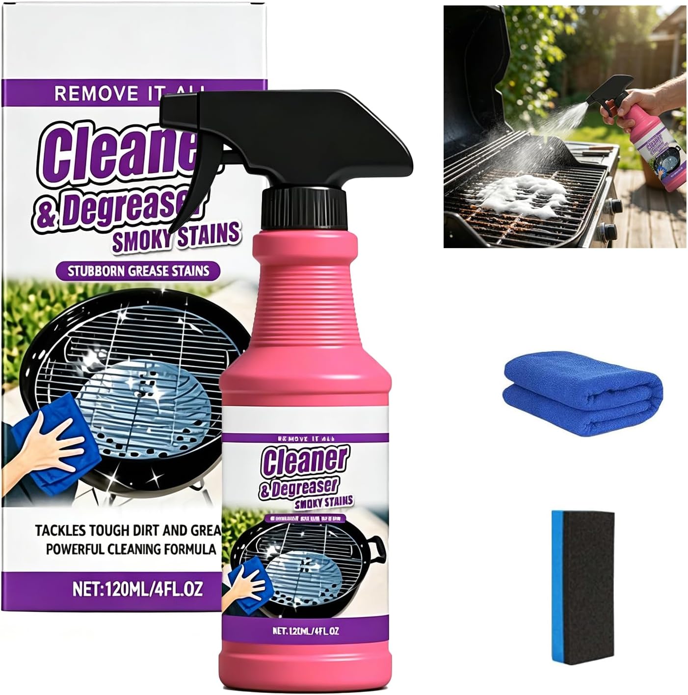 2026 Upgrade Fast Acting Heavy Duty Grill Degreaser Spray Set Multi Grill Cleaner Fast Clean Outdoor Solution for Grills Smoker BBQ Grates Oven Effortless Removes Grease Degreaser Smoky Stain (1PCS)
