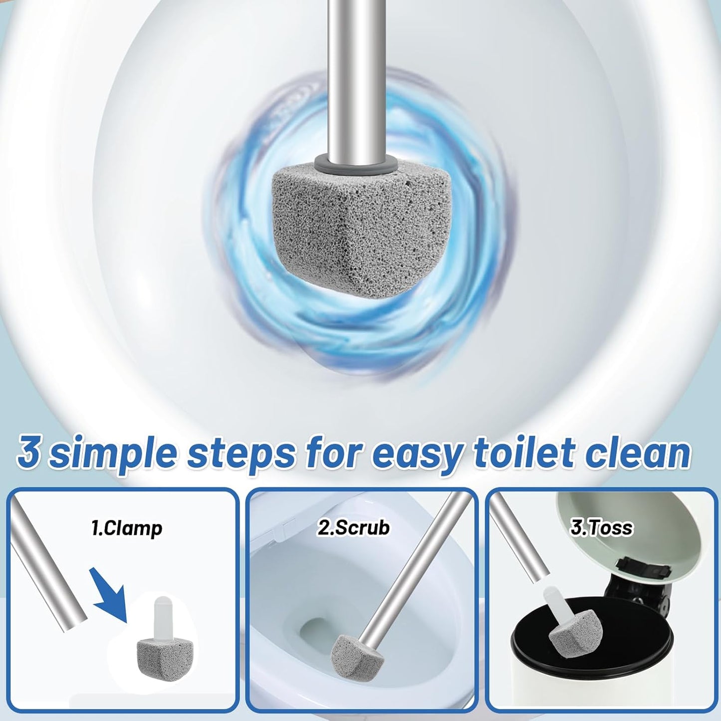 Pumice Toilet Cleaner 17in, Hard Water Stain Remover for Pool & Tub, (1+8) | Natural pumice set. Removes rust, lime & hard water rings from tubs, pools & tiles. Long handle. Easy refill.