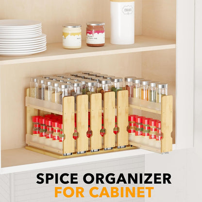 SpaceAid Bamboo Pull Out Spice Rack Organizer for Cabinet, Heavy Duty Slide Out Seasoning Kitchen Pantry Sliding Vertical Organization, 7.6" Wide, 3 Drawers(2" Wide), 2-Tier, Natural