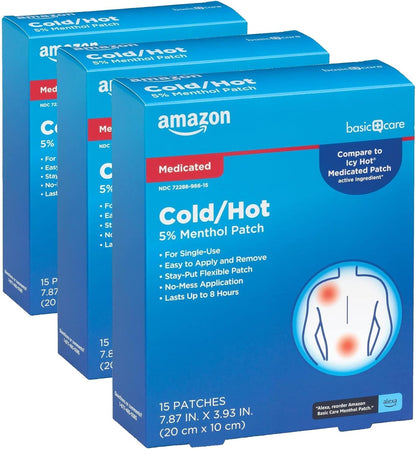 Amazon Basic Care Maximum Strength Pain Relieving Medicated Cold Hot 5% Menthol Patch for Muscle and Joint Pain Relief, 7.87" x 3.93", 15-Count Box (Previously HealthWise)