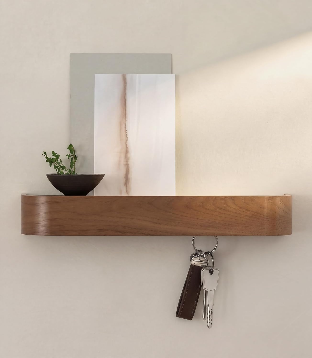 Kazai. Key Holder 'Toke' | Minimalist Key Hook Design from Berlin | Modern Key Holder Wall Mount with Wooden Shelf | Key Rack for Wall as Entryway Organizer | Walnut