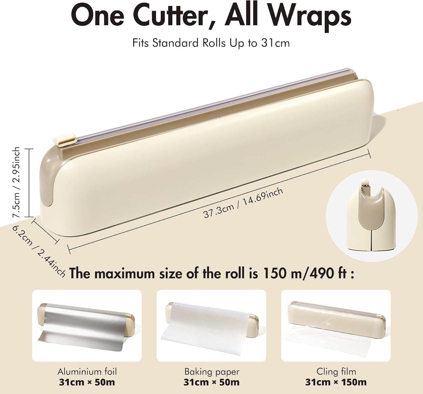 Aluminum Foil & Plastic Wrap Dispenser with Cutter - Easy One-Hand Operation, Space-Saving Kitchen Organizer for Worktops & Cabinets, Magnetic Cling Film Dispenser - Fits 12" Rolls, Latte