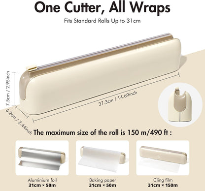 Aluminum Foil & Plastic Wrap Dispenser with Cutter - Easy One-Hand Operation, Space-Saving Kitchen Organizer for Worktops & Cabinets, Magnetic Cling Film Dispenser - Fits 12" Rolls, Latte