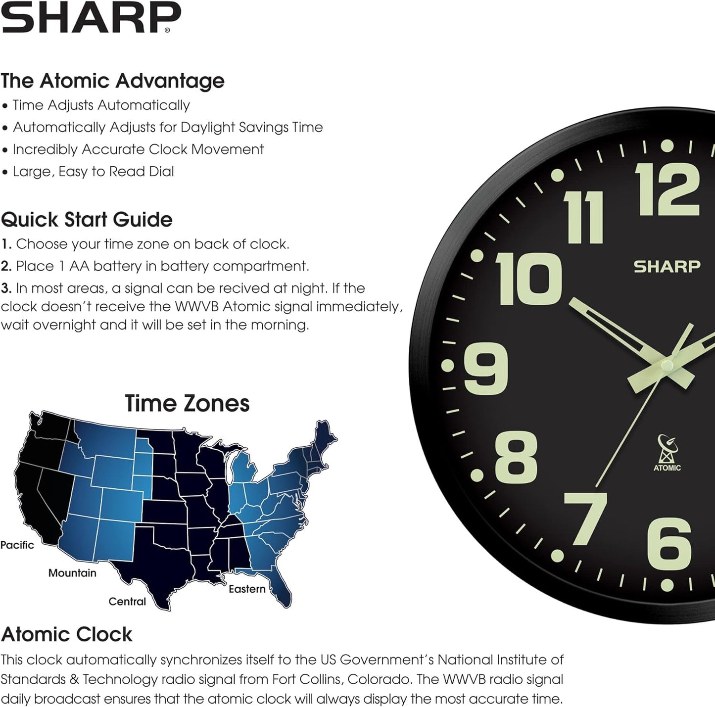 Sharp 12-Inch Atomic Wall Clock, Battery Operated, White with Black Frame | Self-setting atomic time; Easy-read analog face; Automatic time adjustment; Simple setup; Versatile home or office style