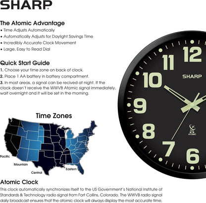 Sharp 12-Inch Atomic Wall Clock, Battery Operated, White with Black Frame