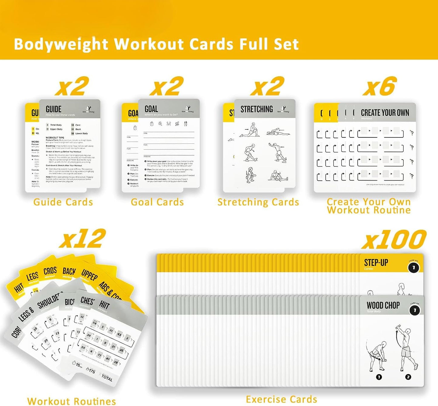 Bodyweight & Dumbbell Workout Cards - 100 Large 5"x3.5" Exercise Cards with 24 Strength Moves, Home & Gym Fitness Cards for Men & Women, Beginner Fitness Guide