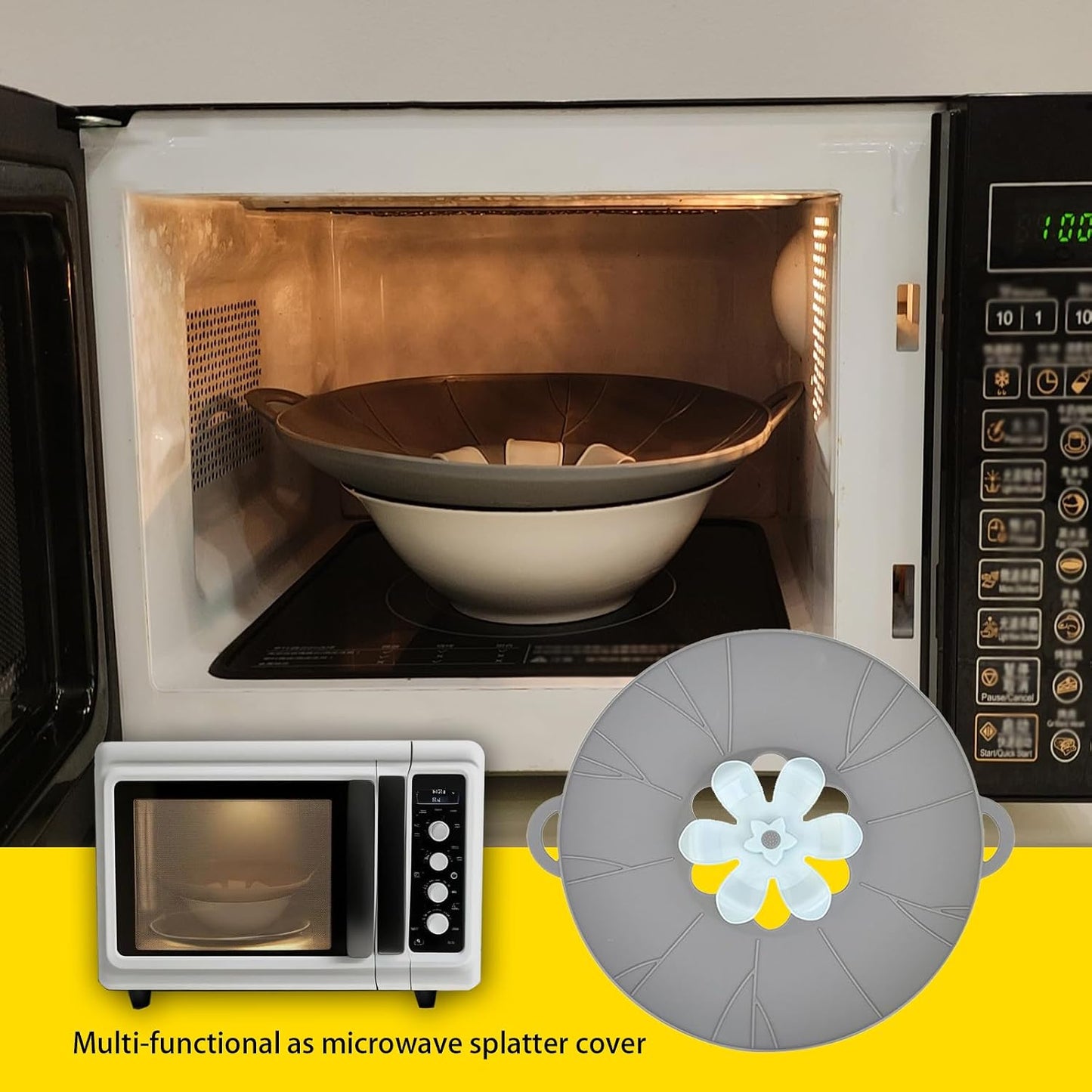 Spill Stopper Lid Cover, Boil Over Spill Stopper, Silicone Pot Lid, 10.24" Spill Stopper, Microwave Splatter Cover with Vents, Multi-Function Kitchen Tool (Yellow)