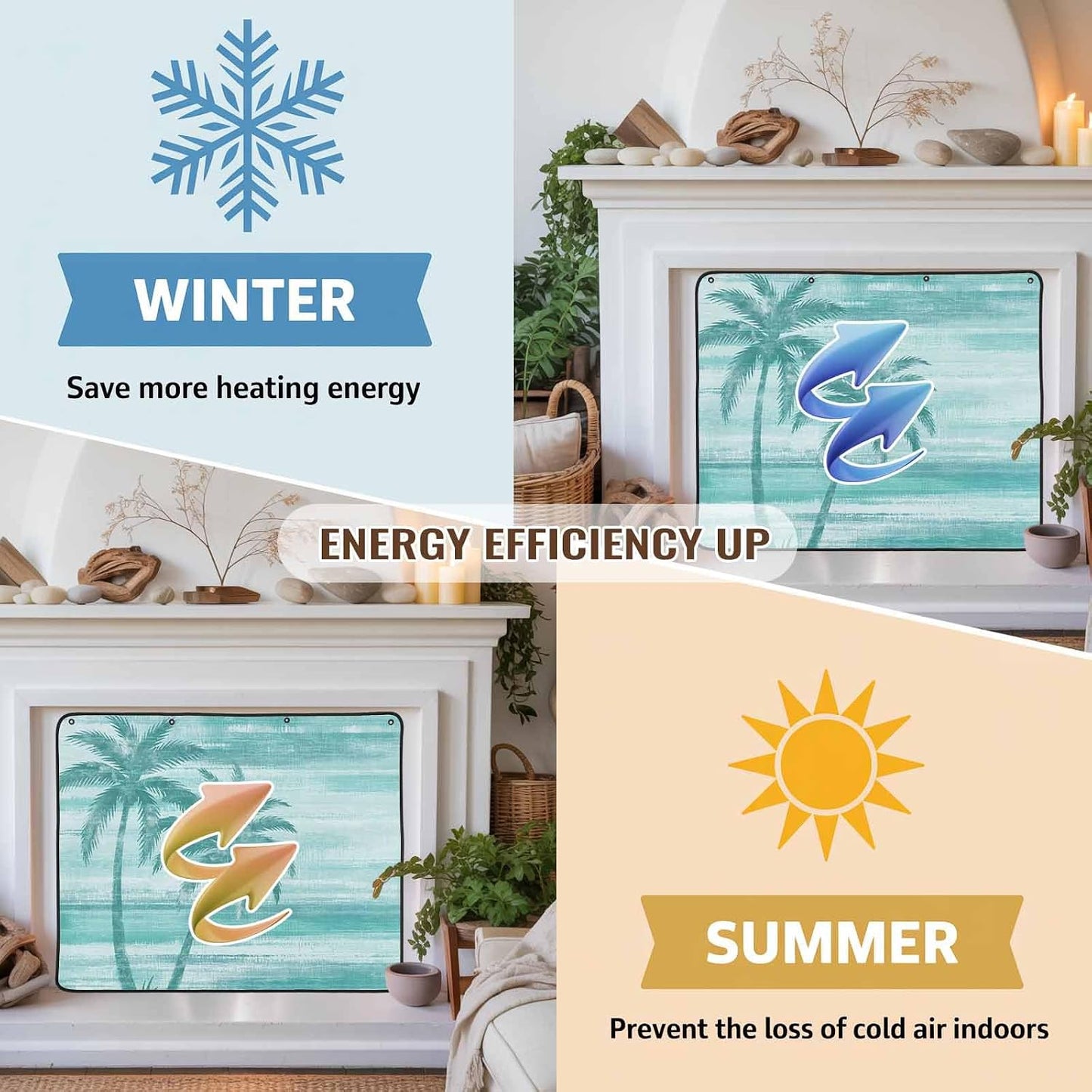 Magnetic Fireplace Cover Beige Summer Palm Tree Fireplace Screen Decorative Tropical Leaves Plant Insulation Fireplace Blocker Save Energy Fireplace Draft Stopper Covers for Living Room 45x34 Inch