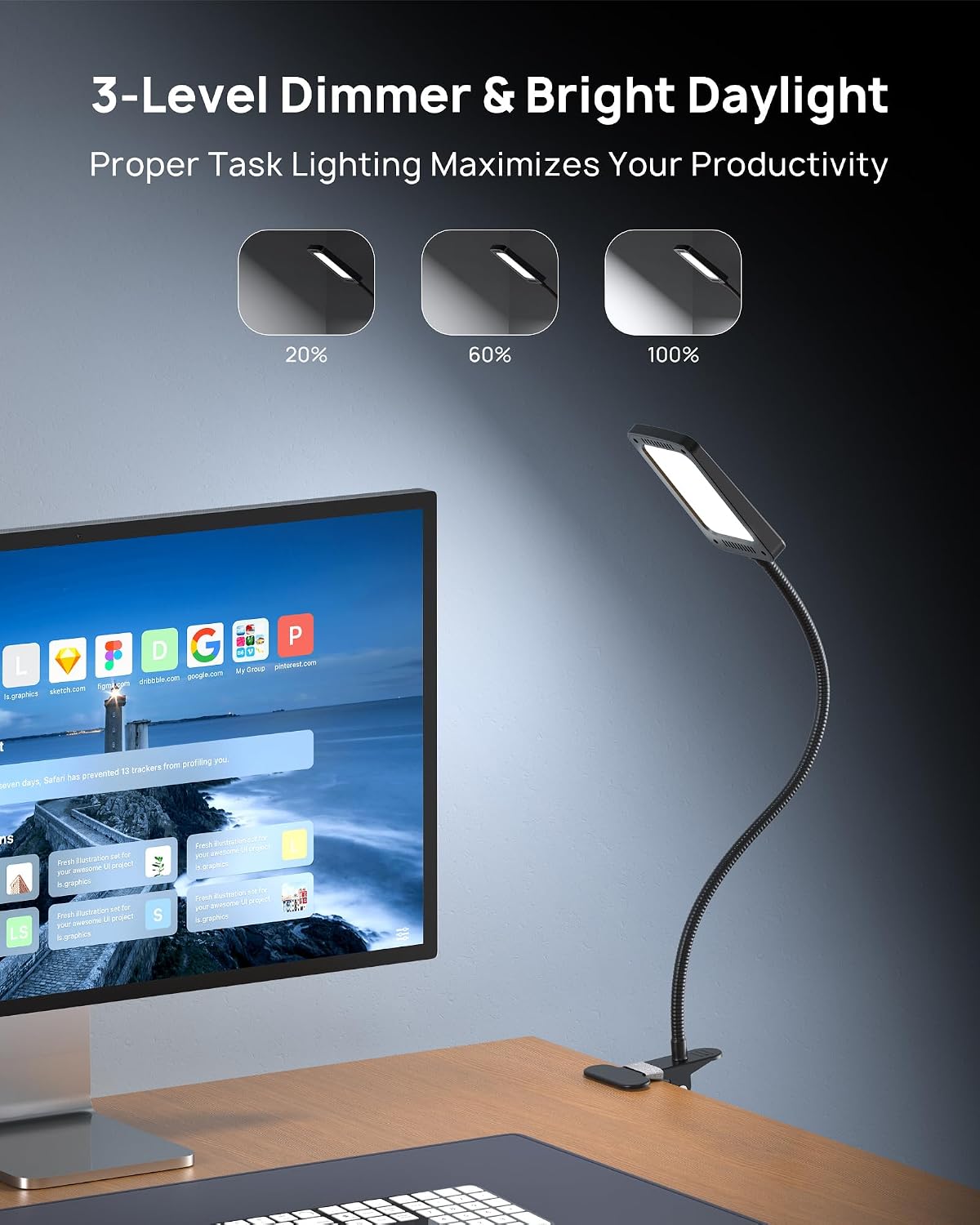 TROND LED Desk Lamp with Clamp, 1000LM Super Bright 3-Level Dimmable Desk Light 6000K Daylight, Extra-Long Flexible Gooseneck Clip on Light, Eye-Care Clamp Lamp for Painting, Workbench,Reading, Sewing | 6000K Daylight Extra-Long Flexible Gooseneck Clip