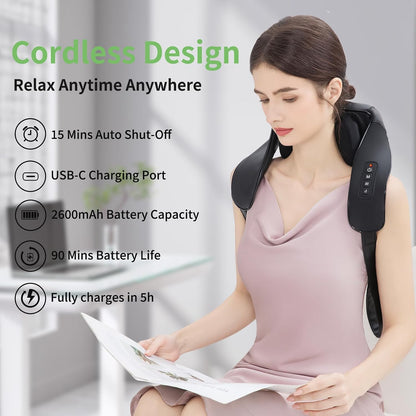 Shiatsu Back and Neck Massager, Cordless Shoulder Massager with Heat, Electric Deep Tissue 3D Kneading Massage Pillow for Shoulder, Leg, Body Muscle Pain Relief, Gifts for Men Women