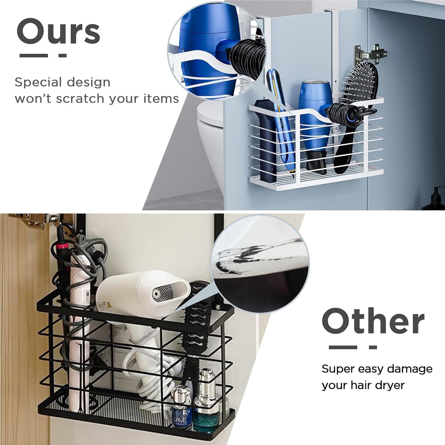 Hair Dryer Holder, 2PC Hair Tool Organizer, Blow Dryer Holder, Adjustable Height Bathroom Cabinet Organizer Tray for Hair Dryer Straightener Wall Mounted/Cabinet Door
