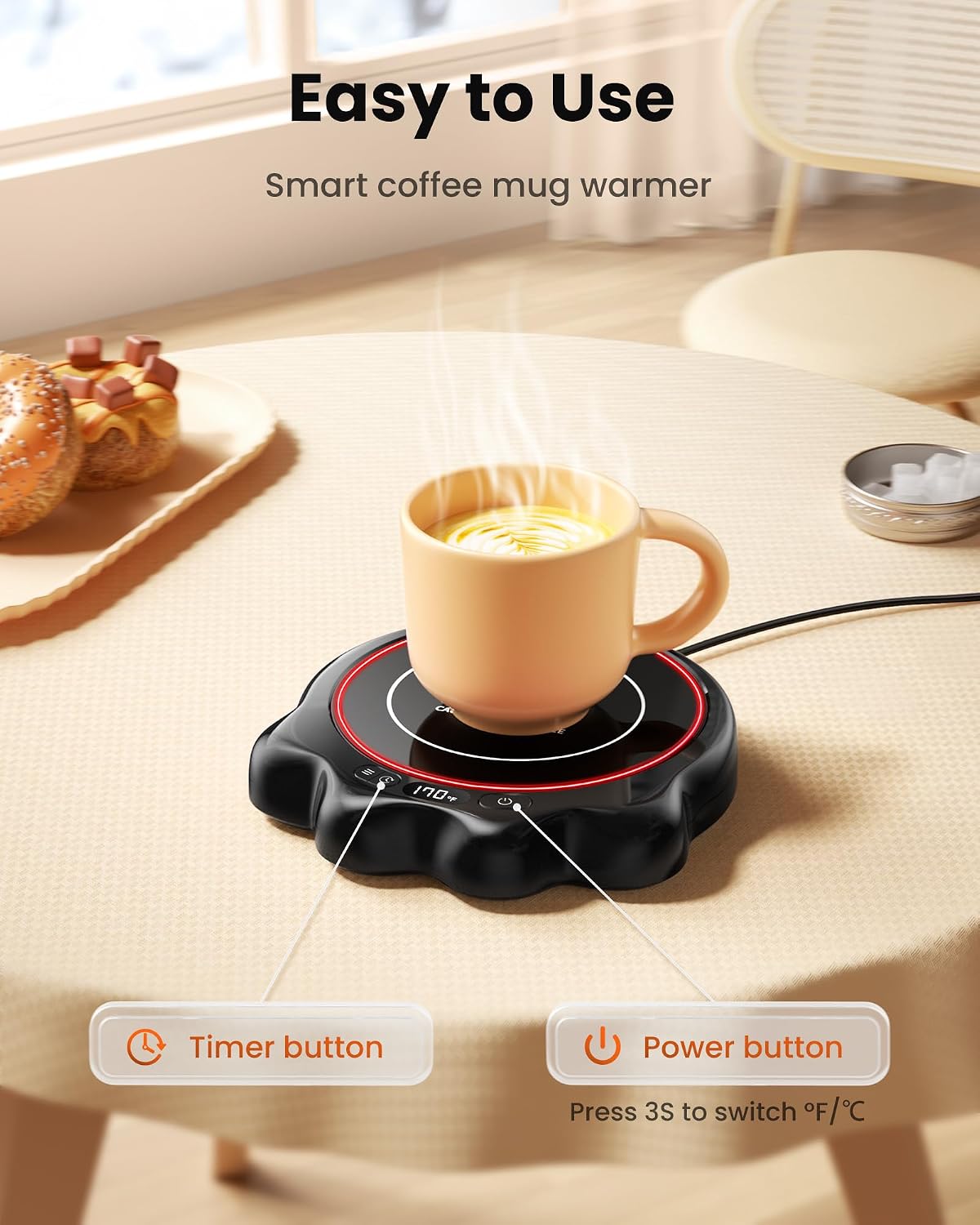 Gaiatop Mug Warmer, 50W Cute Cat Paw Cup Warmers, Heated Plate - Black | 3 Temp Setting, 2-10H Auto Shut Off, Coffee Accessories Keep Beverage Hot for Desk and Home, Stocking Stuffers for Tea Candle