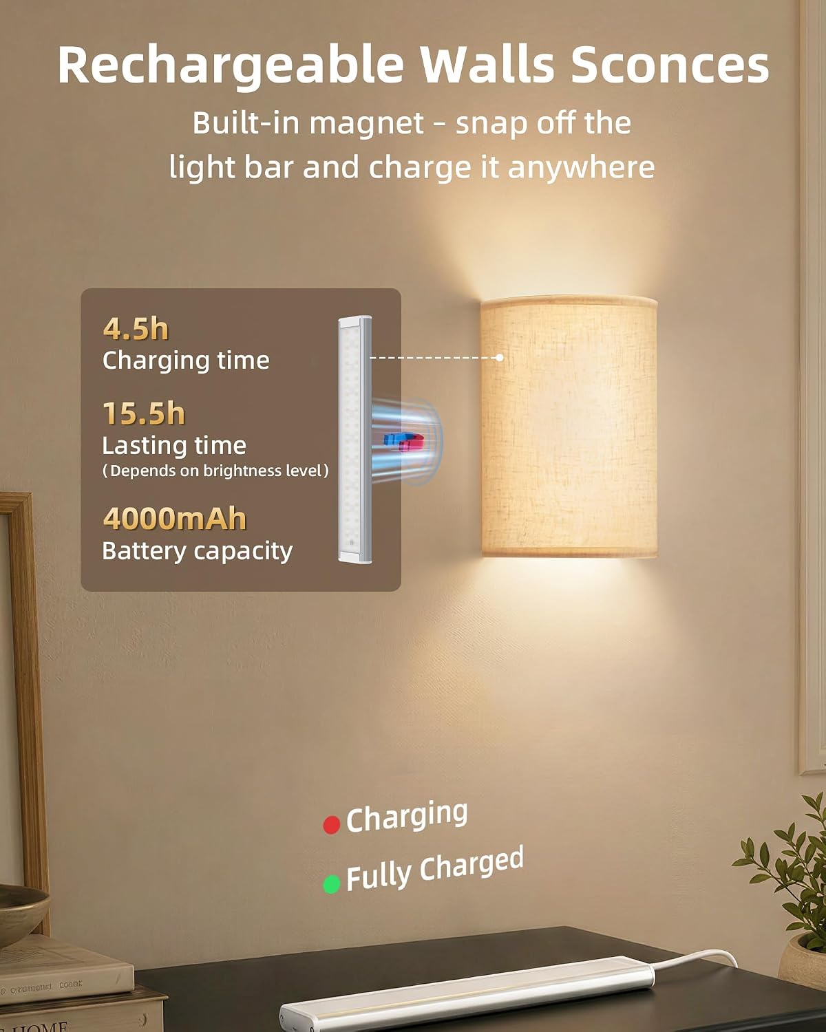 EZVALO Battery Operated Wall Sconce, Rechargeable Wall Sconces Set of Two with Remote, Peel and Stick Wireless Wall Lights, 3 Color & 80 RGB, Dimmable, Timer, Fabric Linen Wall Mount Lamp for Bedroom