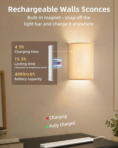 EZVALO Battery Operated Wall Sconce, Rechargeable Wall Sconces Set of Two with Remote, Peel and Stick Wireless Wall Lights, 3 Color & 80 RGB, Dimmable, Timer, Fabric Linen Wall Mount Lamp for Bedroom