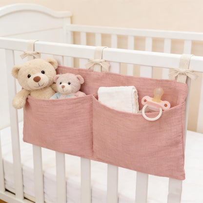 Baby Bedside Hanging Storage Bag Muslin Cotton Teddy Bear, Crib Diaper Caddy Organizer 2 Pockets, Nappy-Dormitory Nursery Organization Holder for Cribs, Playard or Wall Milk Bottle Bib Organizing