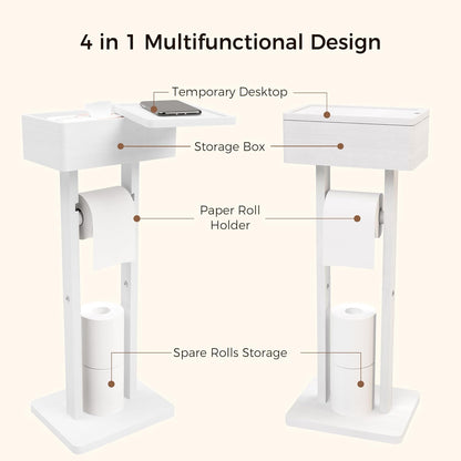 4-in-1 Black Toilet Paper Holder Stand with Storage Shelf Box, 360° Rotating Bamboo Free Standing Toilet Tissue Roll, Toilet Wipes Dispenser Organizer, Temporary Desktop for Bathroom (Patent) | 360° Rotating Bamboo Free Standing Toilet Tissue Roll,