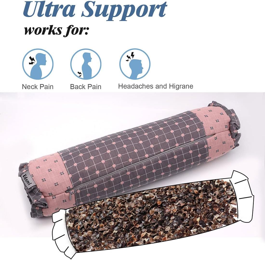 Buckwheat Cervical Neck Roll Pillow, Adjustable Firm Support for Neck Pain Relief, 15.7x6 Inch Buckwheat Hull Pillow for Back Side Sleepers