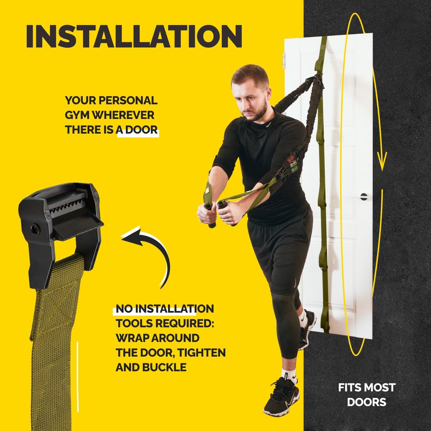 Door Anchor Strap for Resistance Bands with 5 Loops and Metal D-Rings | Fits most doors and resistance bands, 5 anchor points, reinforced nylon, tool-free setup, full-body workout versatility
