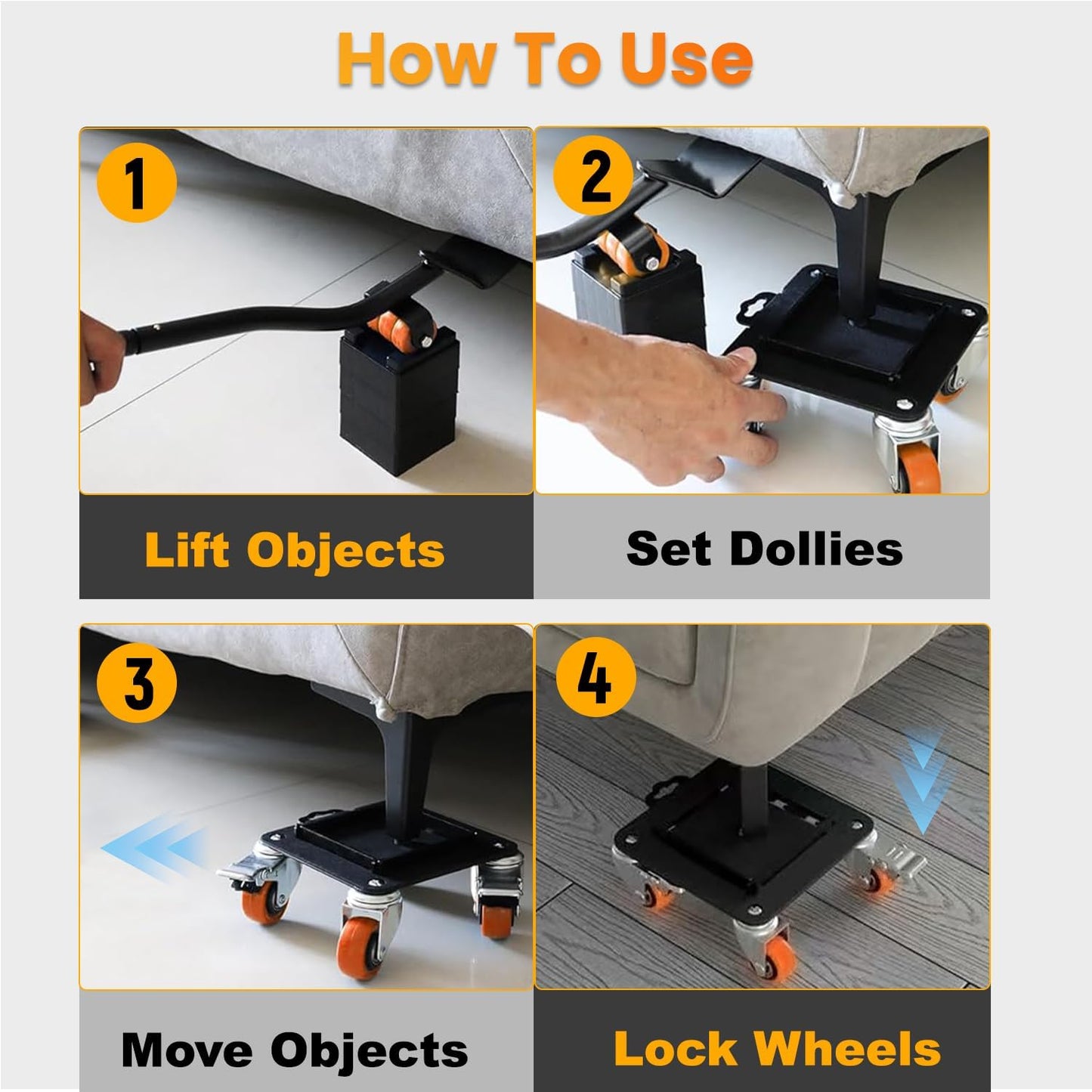 Furniture Dolly with Wheels, Heavy Duty Carbon Steel Furniture Lifter Tool | Anti-Tip Design with Dual-Brake 360° Rotatable Silent Rubber Casters, Max Load 3000LBS