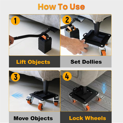 Furniture Dolly with Wheels, Heavy Duty Carbon Steel Furniture Lifter Tool | Anti-Tip Design with Dual-Brake 360° Rotatable Silent Rubber Casters, Max Load 3000LBS