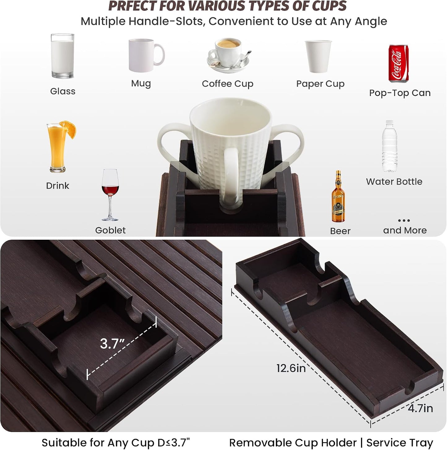 GEHE Couch Cup Holder, Anti Falling Sofa Arm Tray, Natural Bamboo Sofa Cup Holder More Safe for Your Family, Portable Couch Arm Tray Armrest Table for Remote, Snacks, Drinks