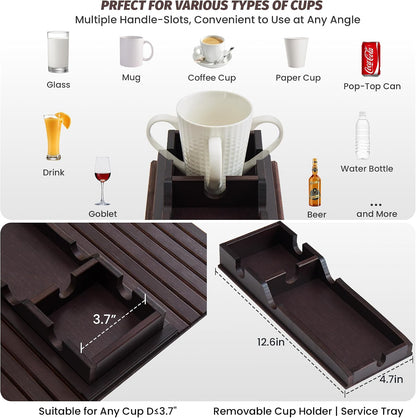 GEHE Couch Cup Holder, Anti Falling Sofa Arm Tray, Natural Bamboo Sofa Cup Holder More Safe for Your Family, Portable Couch Arm Tray Armrest Table for Remote, Snacks, Drinks
