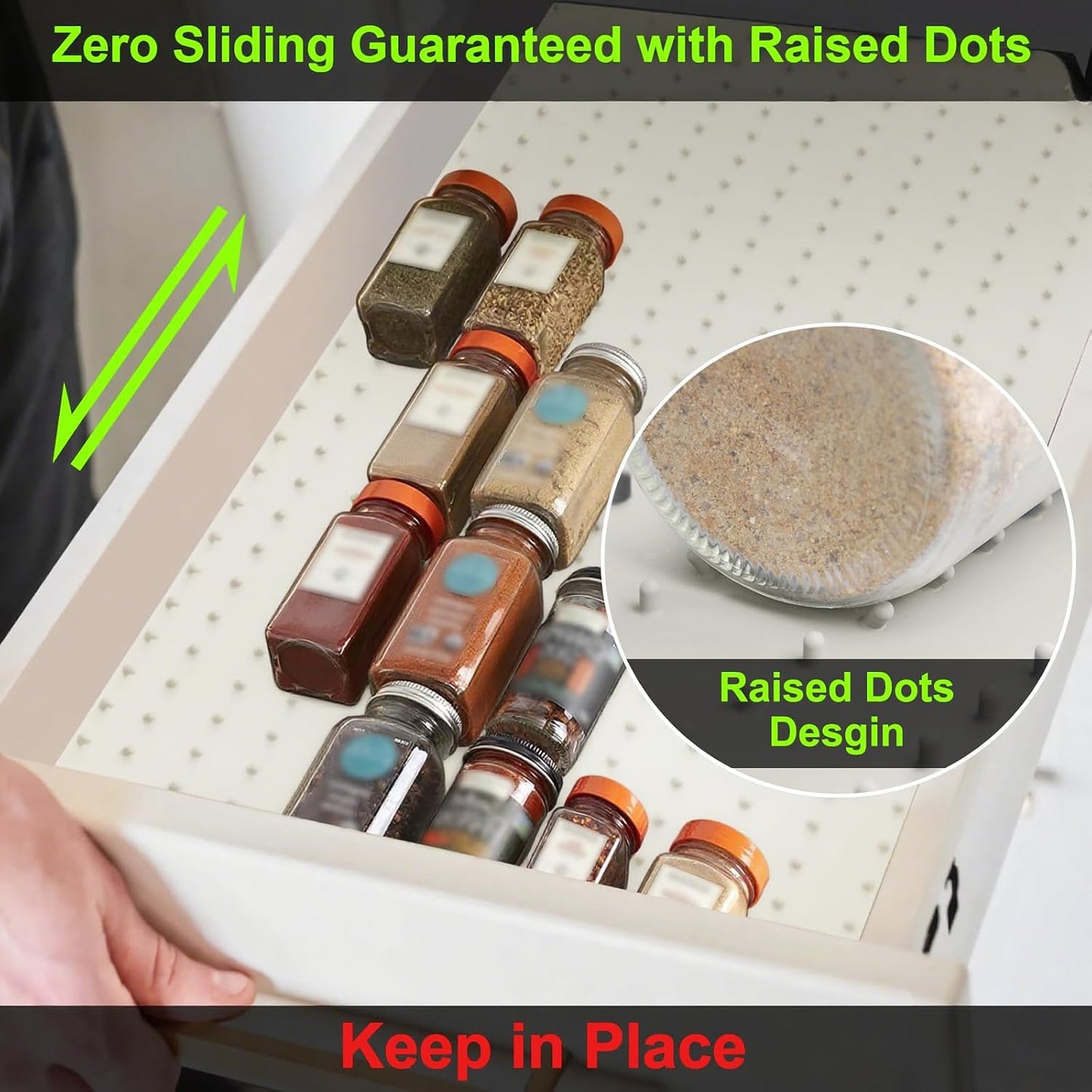 Spice Drawer Organizer Insert - Silicone Spice Drawer Liner Pearl | Adjustable non-slip liner organizer; in-drawer spice rack for seasoning jars, spice bottles, flat kitchen drawer organizer