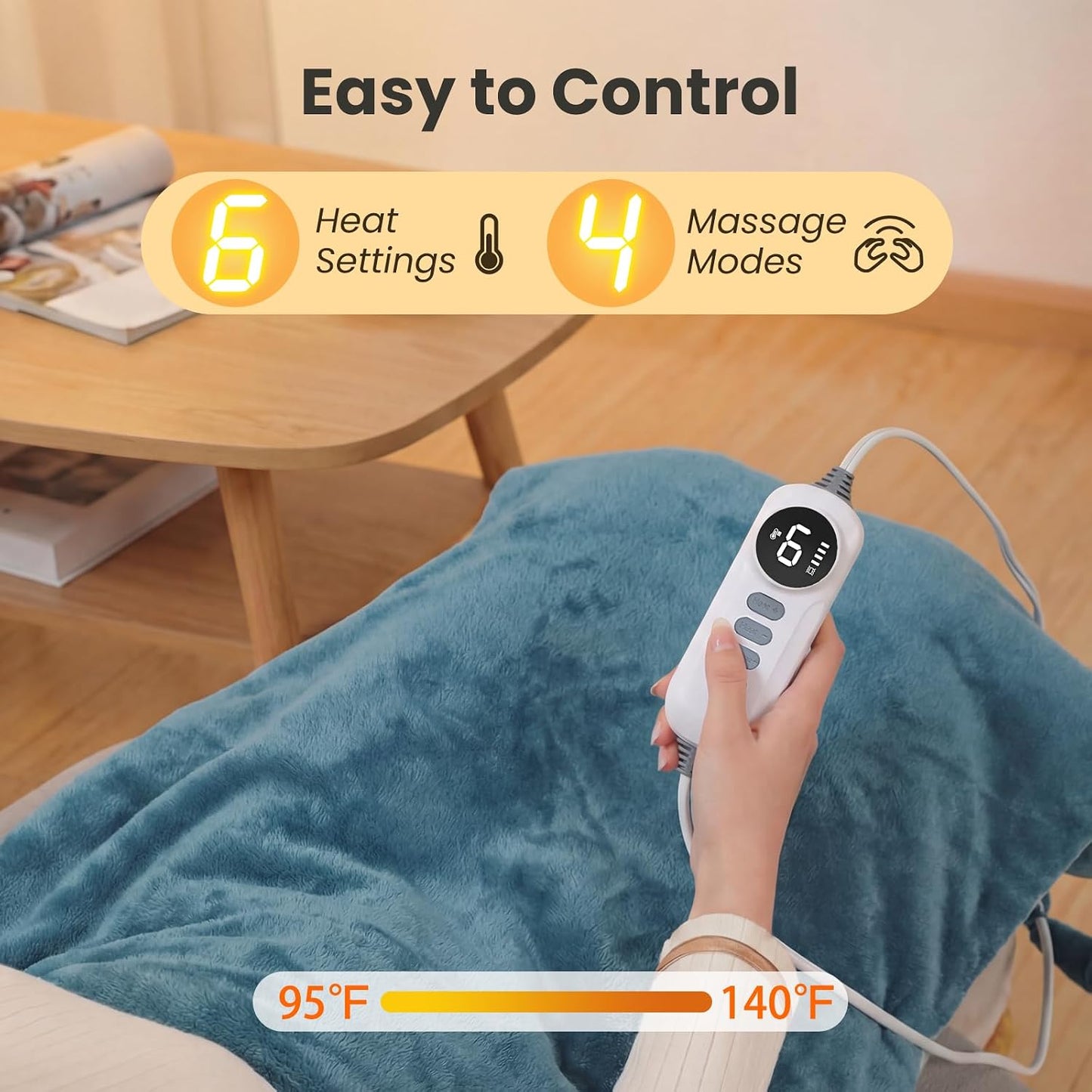 DAILYLIFE Heating Pad with Massager for Neck and Shoulders, Wearable Electric Heating Pads for Back Pain Relief, Auto-Shut Off, 6 Heat Settings, 4 Massage Modes, Large Size, UL Certified, Blue