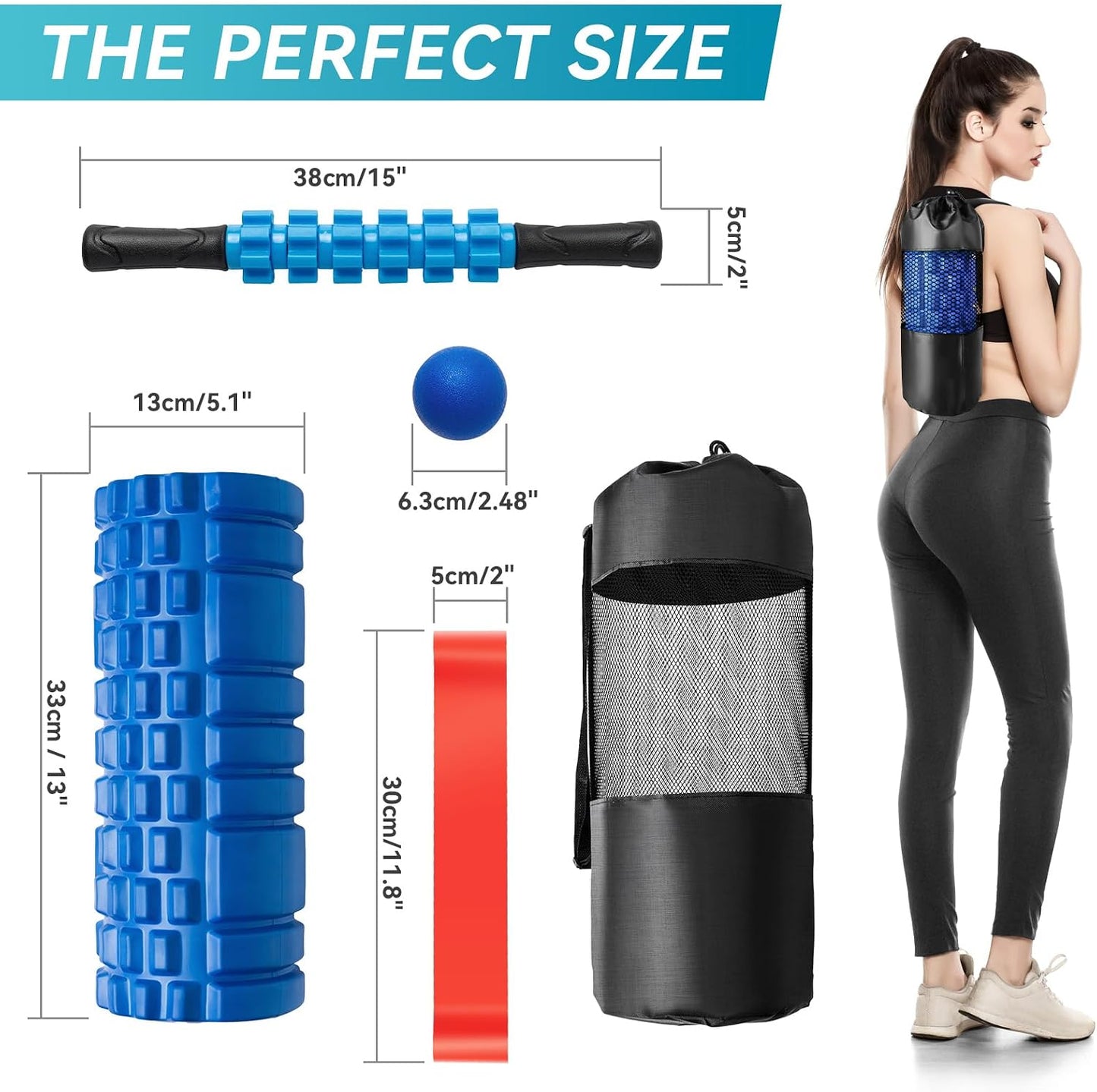 Krightlink 5-in-1 Foam Roller Set High Density Deep Tissue Muscle Massage | Muscle Recovery Kit Exercise Roller, Massage Ball, Resistance Band & Carry Bag for Physical Therapy & Pain Relief Black