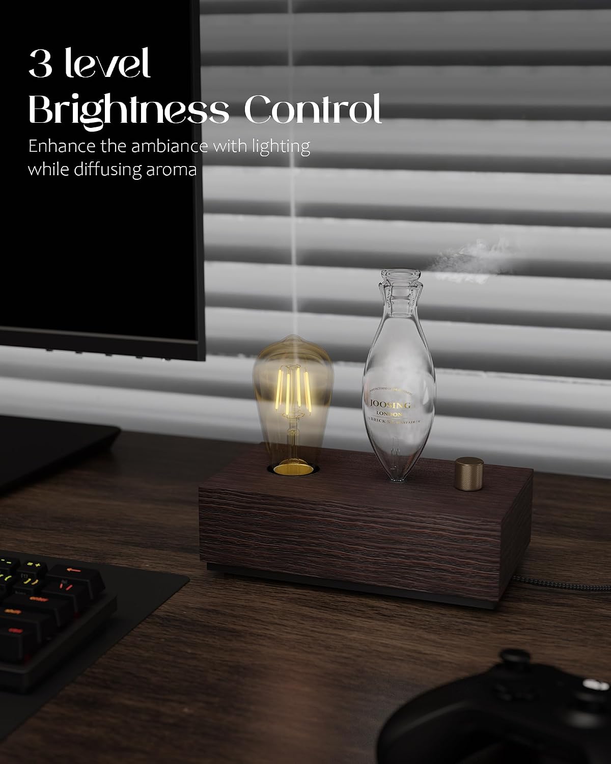Waterless Oil Diffuser with Wood Base, Tempered Glass Bulb, 3 Color Light
