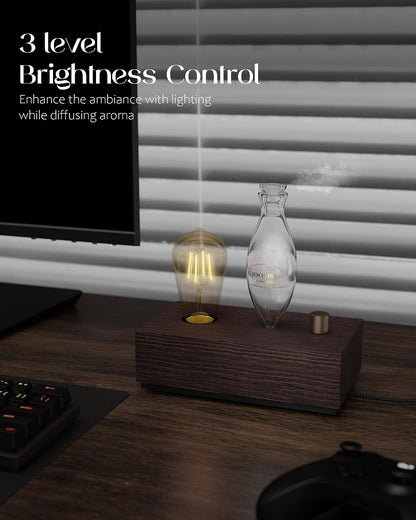 Waterless Oil Diffuser with Wood Base, Tempered Glass Bulb, 3 Color Light