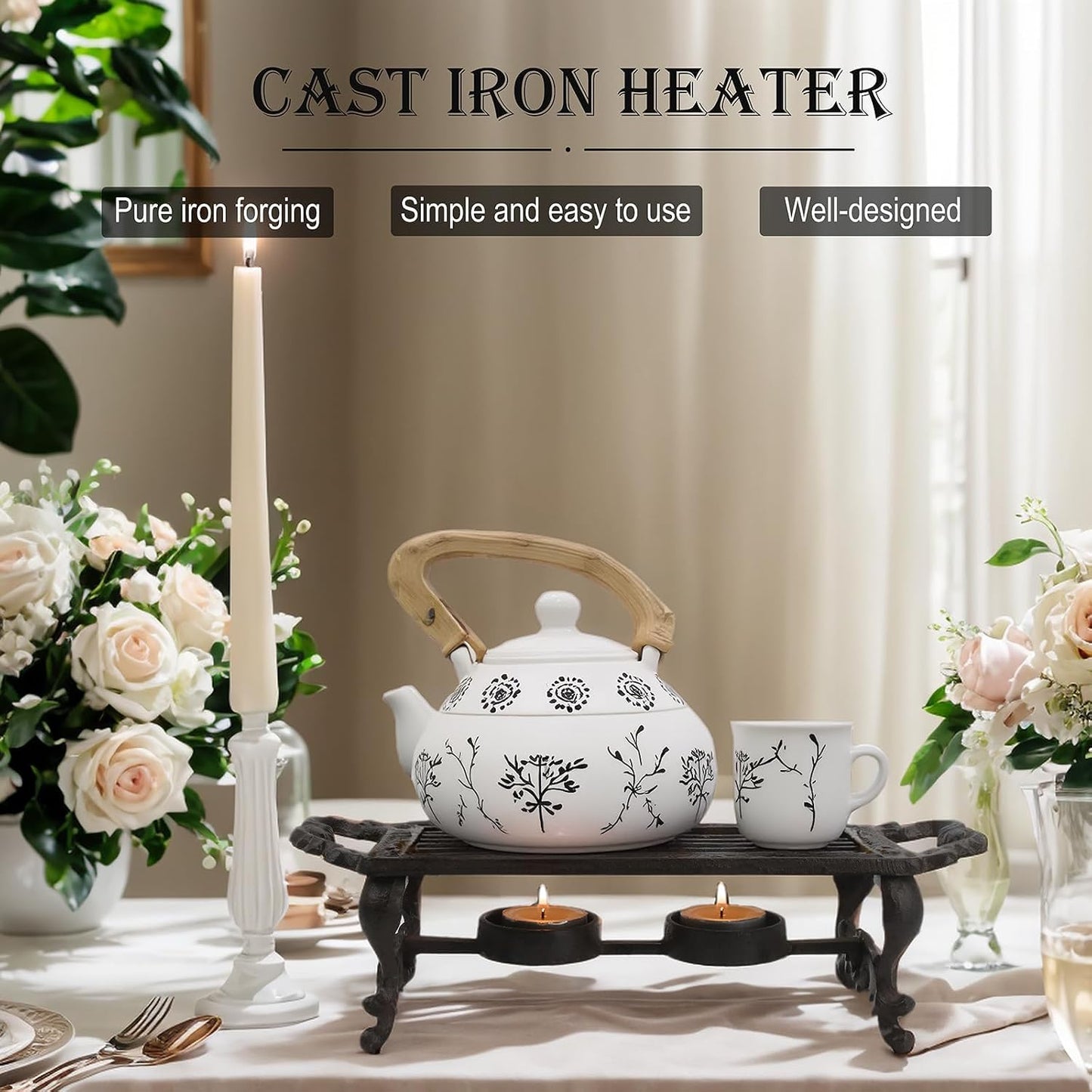 Cast Iron Teapot Warmer, Durable Tea Pot Warmer with 2 Tealight Holders for Tea, Coffee & Food Simmer Pot, Heavy-Duty Tea Warmer for Desk or Home, Includes Candle& Pinch Mitts