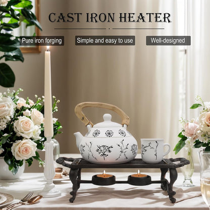 Cast Iron Teapot Warmer, Durable Tea Pot Warmer with 2 Tealight Holders for Tea, Coffee & Food Simmer Pot, Heavy-Duty Tea Warmer for Desk or Home, Includes Candle& Pinch Mitts