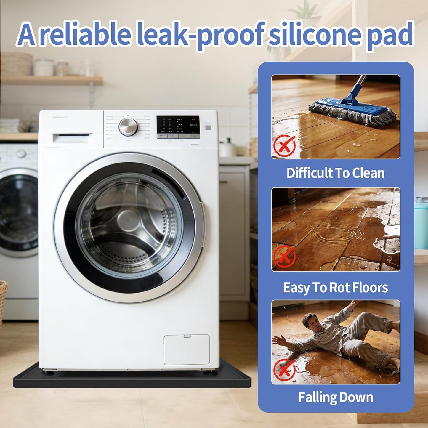 27x27 Inch Foldable Silicone Washing Machine Drain Pan Grey | 0.78 Inch Raised Lip, Waterproof Leak Proof, Non Slip Drain Tray, For Washer, Dryer, Fridge, Dishwasher