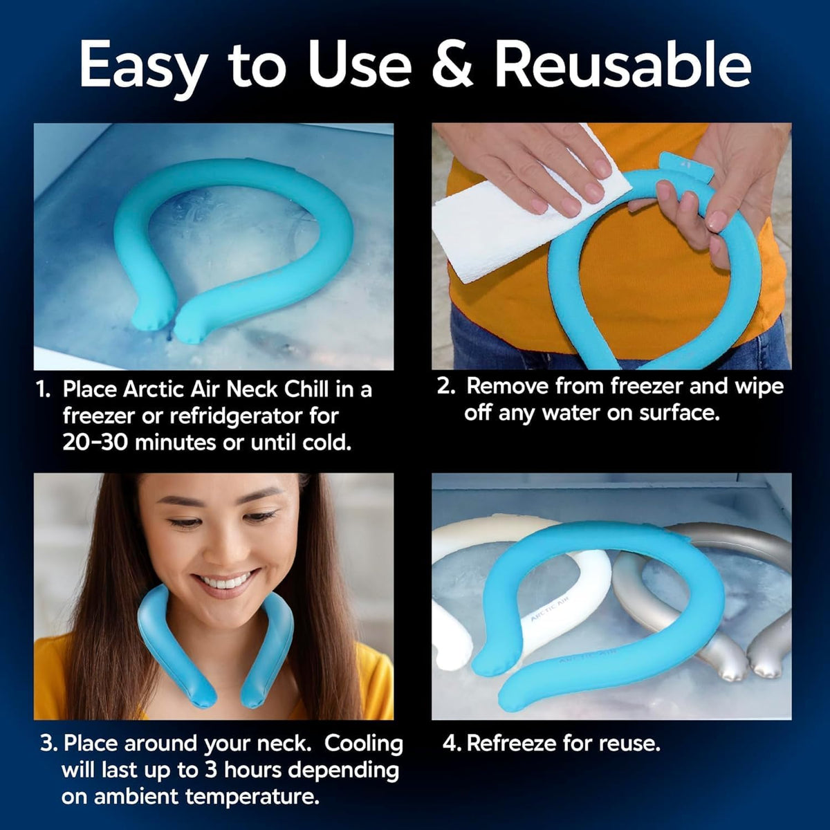 Arctic Air Neck Chill Cooling Tube, Wearable Neck Cooler, 3 Pack |Quick Freeze Gel, No Batteries or Charging | Hands Free Body Cooler for Hot Weather | Reusable, Adjustable Fit