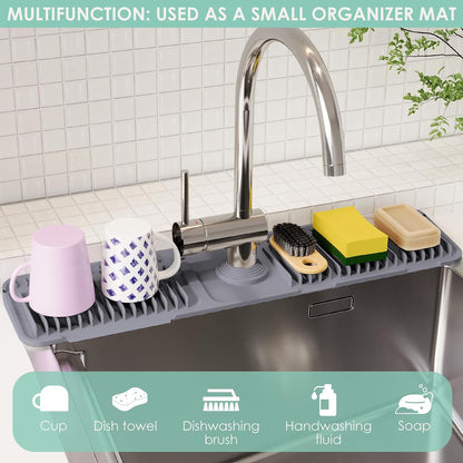 24-Inch Silicone Faucet Mat for Kitchen Sink Splash Guard, 7° Slope | 24"x5.5" water draining mat with fasten button; 1.6-2.75" customizable hole for bathroom, RV & kitchen sink drip catcher.
