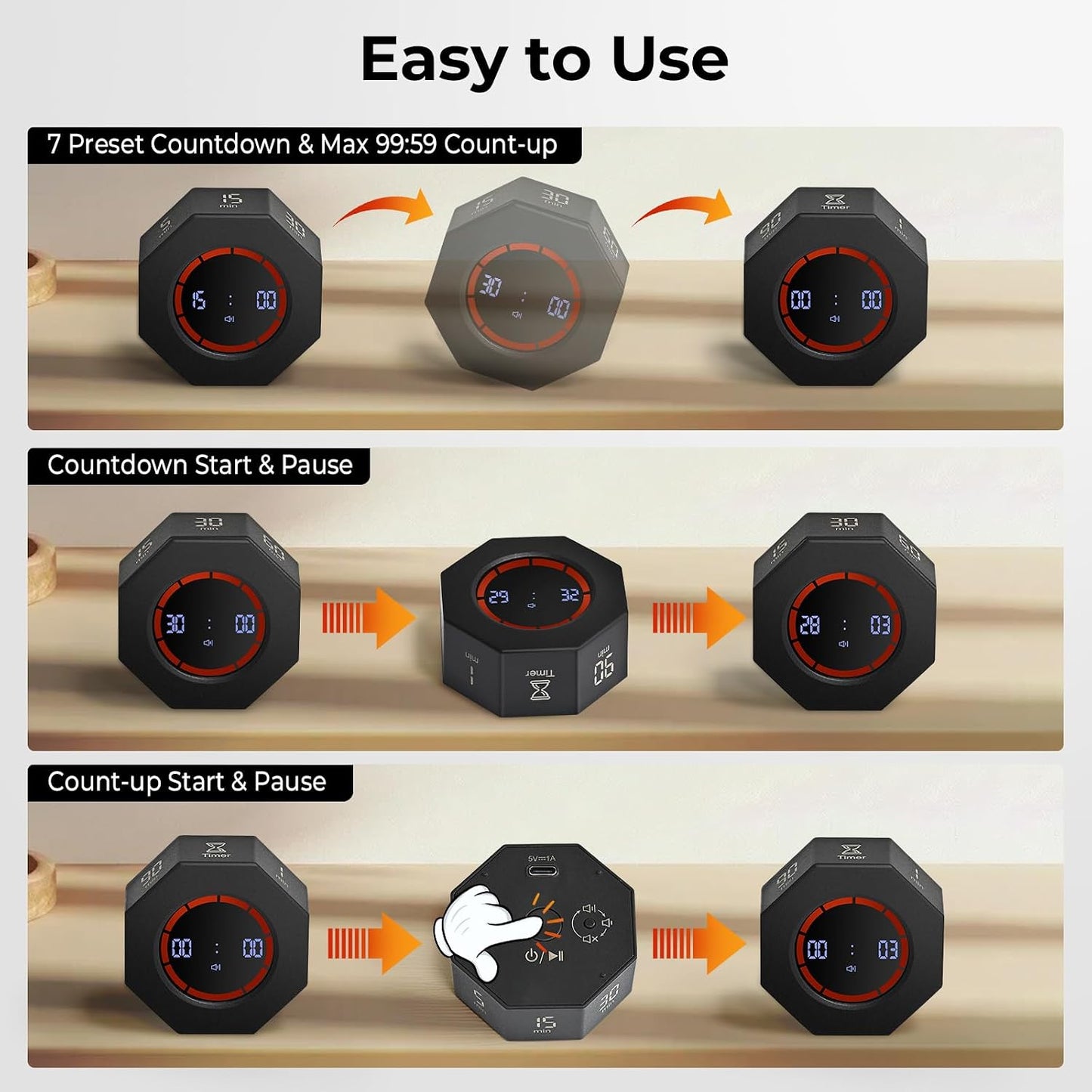Rechargeable Pomodoro Timer, Small Gravity Timer (Space Gray) | Seven Preset Flip Times (1/3/5/15/30/60/90 min) and Count-Up Mode: Digital Kitchen Timer for Cooking, Work, and Study