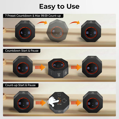 Rechargeable Pomodoro Timer, Small Gravity Timer (Space Gray) | Seven Preset Flip Times (1/3/5/15/30/60/90 min) and Count-Up Mode: Digital Kitchen Timer for Cooking, Work, and Study