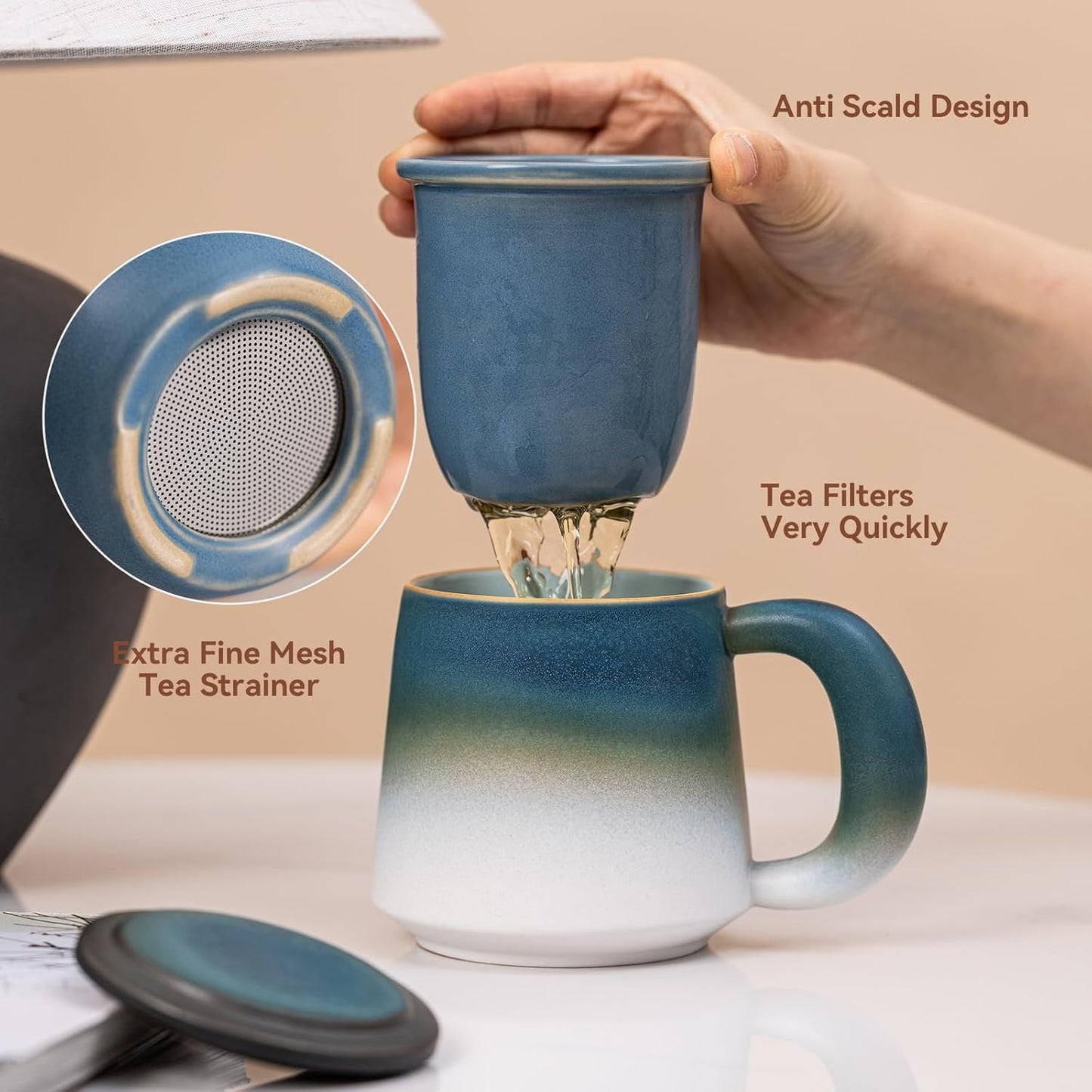 Ceramic Tea Mug with Infuser & Lid, 15oz Kiln-Transformed Unique Cup – Nature's Artisan Design, Loose Leaf Tea Cup with Infuser, Insulated Ceramic Coffee Mugs with Lid, Gift for Women/Men