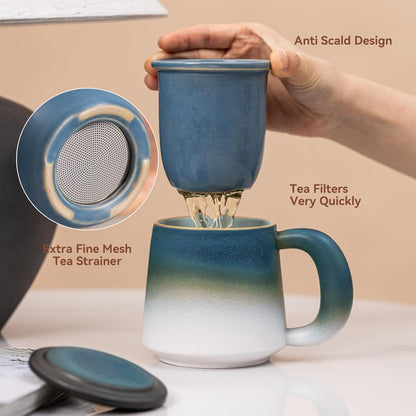 Ceramic Tea Mug with Infuser & Lid, 15oz Kiln-Transformed Unique Cup – Nature's Artisan Design, Loose Leaf Tea Cup with Infuser, Insulated Ceramic Coffee Mugs with Lid, Gift for Women/Men