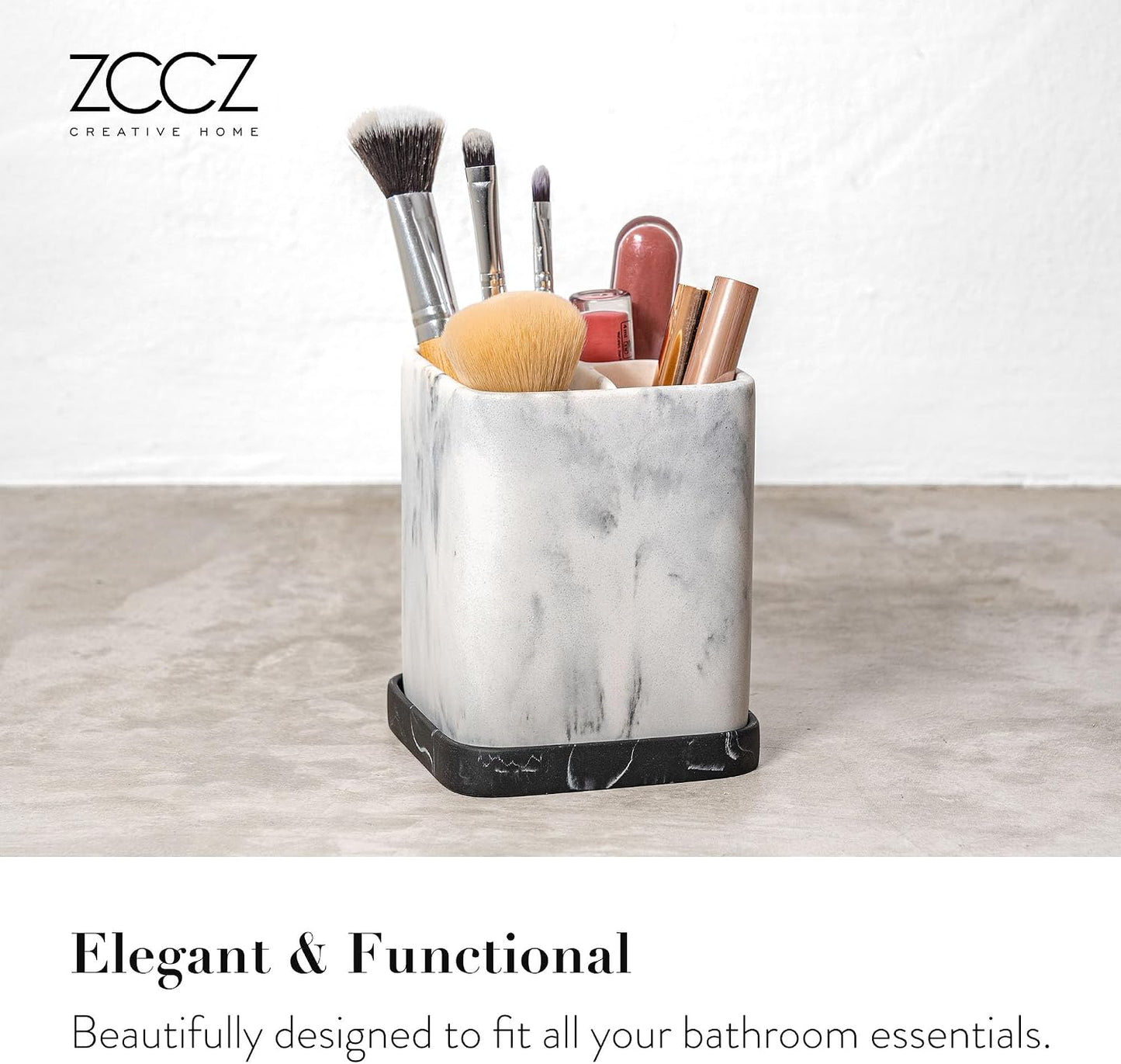 Marble Look Toothbrush Holder for Bathroom Countertop Organizer, Holds Toothpaste, Dental Floss, Razor, Comb, Makeup Brushes, and More, Stylish Bathroom Accessory for Tooth Brushing Essentials