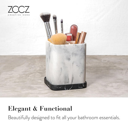 Marble Look Toothbrush Holder for Bathroom Countertop Organizer, Holds Toothpaste, Dental Floss, Razor, Comb, Makeup Brushes, and More, Stylish Bathroom Accessory for Tooth Brushing Essentials