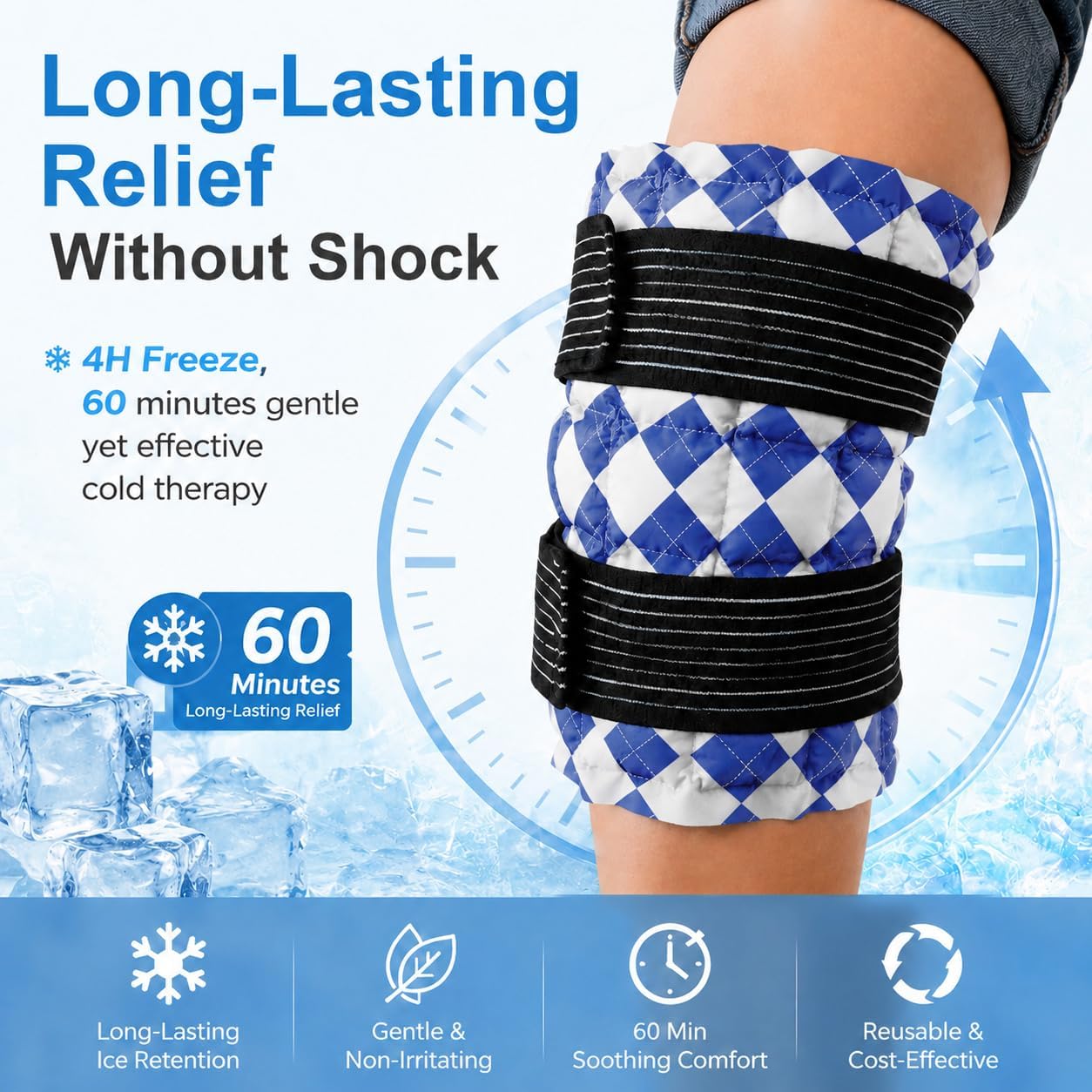 WORLD-BIO Ice Packs for Injuries Reusable, Knee Ice Pack Wrap with Straps, Gel Ice Wrap for Leg Pain Relief, Hot & Cold Compress Therap for Swelling, Water Soak Needed, Light Blue, 1Pack